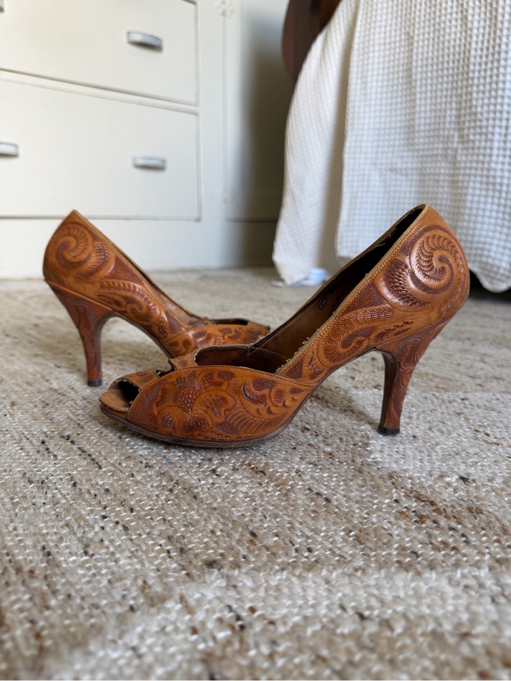 Vintage Tan Embossed Leather Peep-Toe Heels